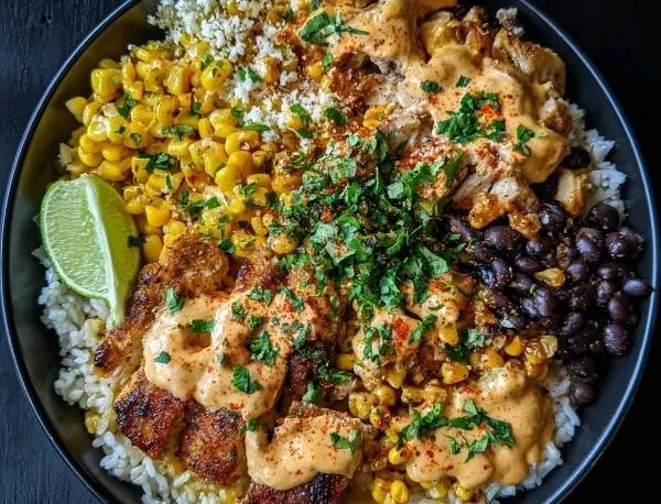 Delicious Street Corn Chicken Bowl with grilled chicken and toppings