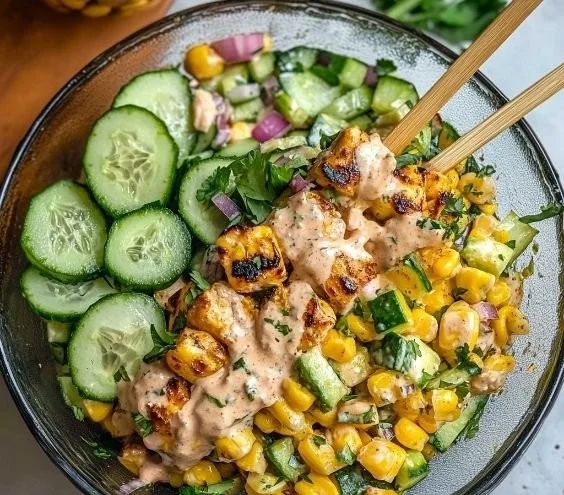 Street corn creamy cucumber chicken salad recipe with fresh ingredients.