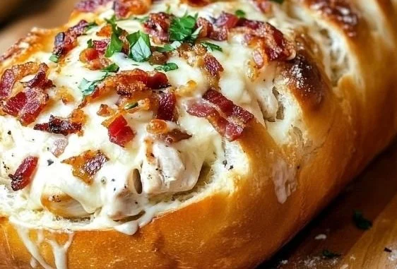 Stuffed bread with chicken, bacon, and ranch filling on a wooden cutting board