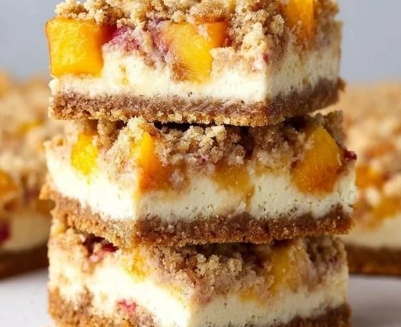 Summer Peach Cobbler Bars topped with creamy cheesecake swirl on a plate.