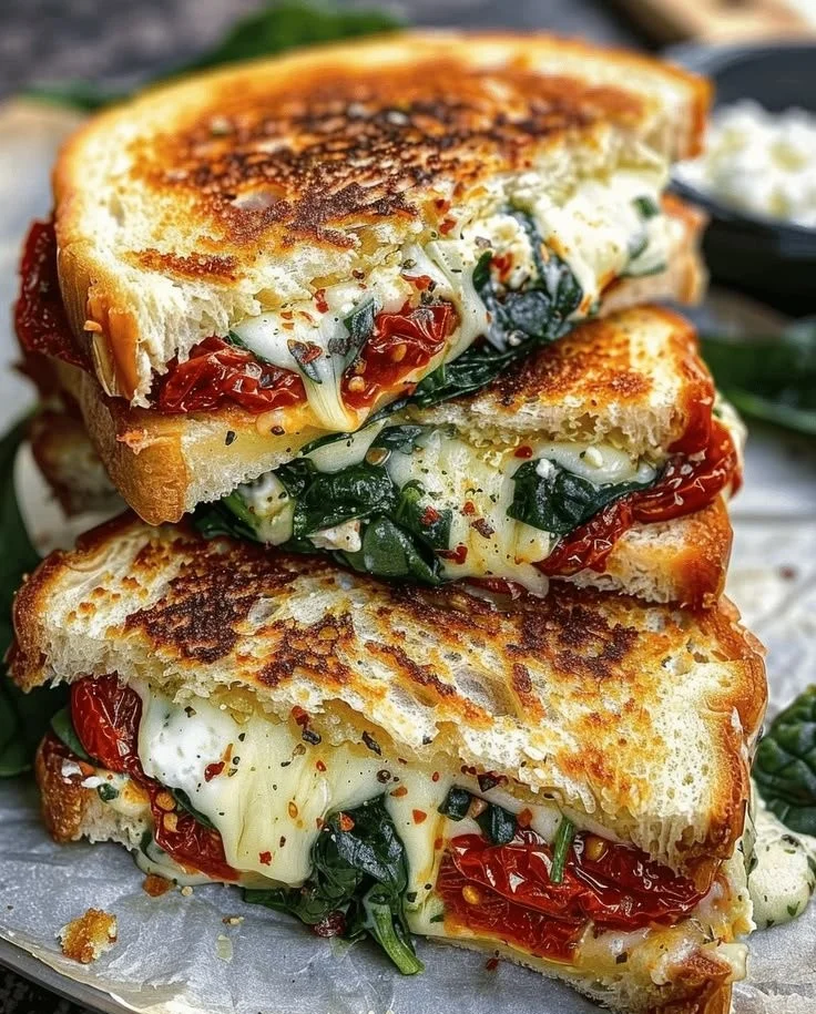 Sun-dried tomato spinach ricotta grilled cheese sandwich on a plate