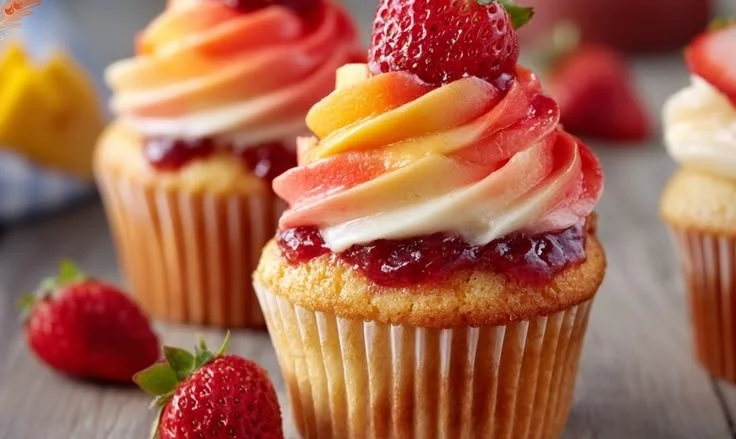 Sunset mango strawberry cupcakes decorated with fresh fruits.