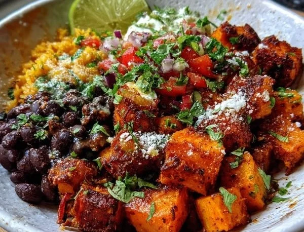 Delicious Sweet Potato Taco Bowl with vibrant toppings and spices