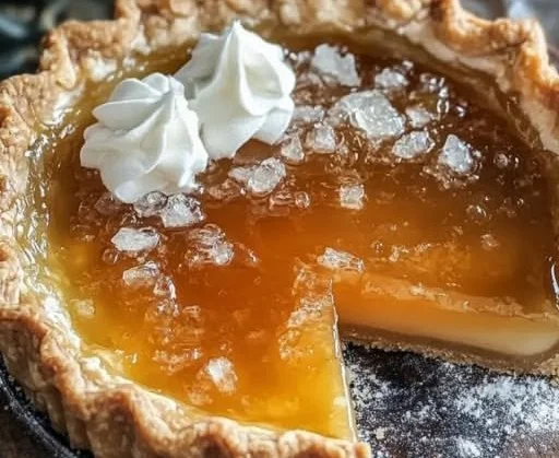 Slice of salted whiskey honey pie with a caramel drizzle on a rustic background.