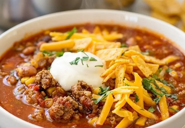 Delicious and hearty homemade Taco Soup served in a bowl with toppings.