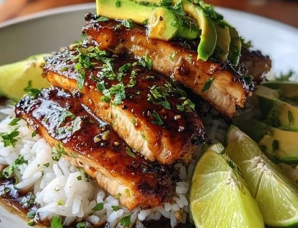 Delicious Honey Lime Chicken Stack garnished with fresh herbs