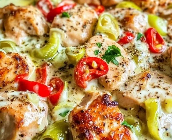 Delicious pepperoncini chicken skillet meal served on a plate