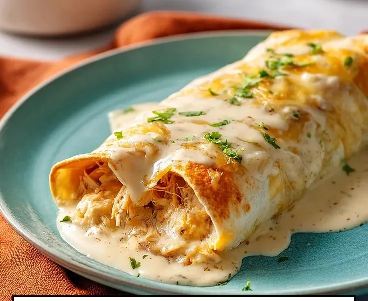 Delicious white rotisserie chicken enchiladas topped with cheese and herbs