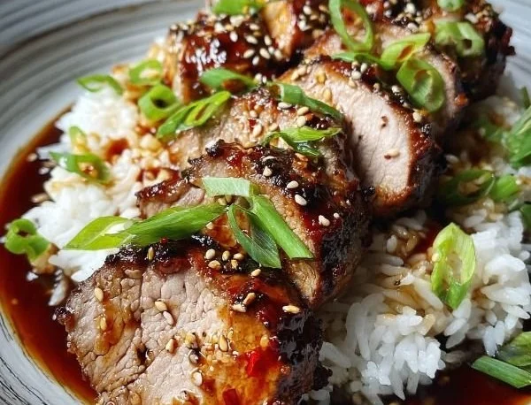 Grilled Asian Pork Tenderloin garnished with herbs and spices