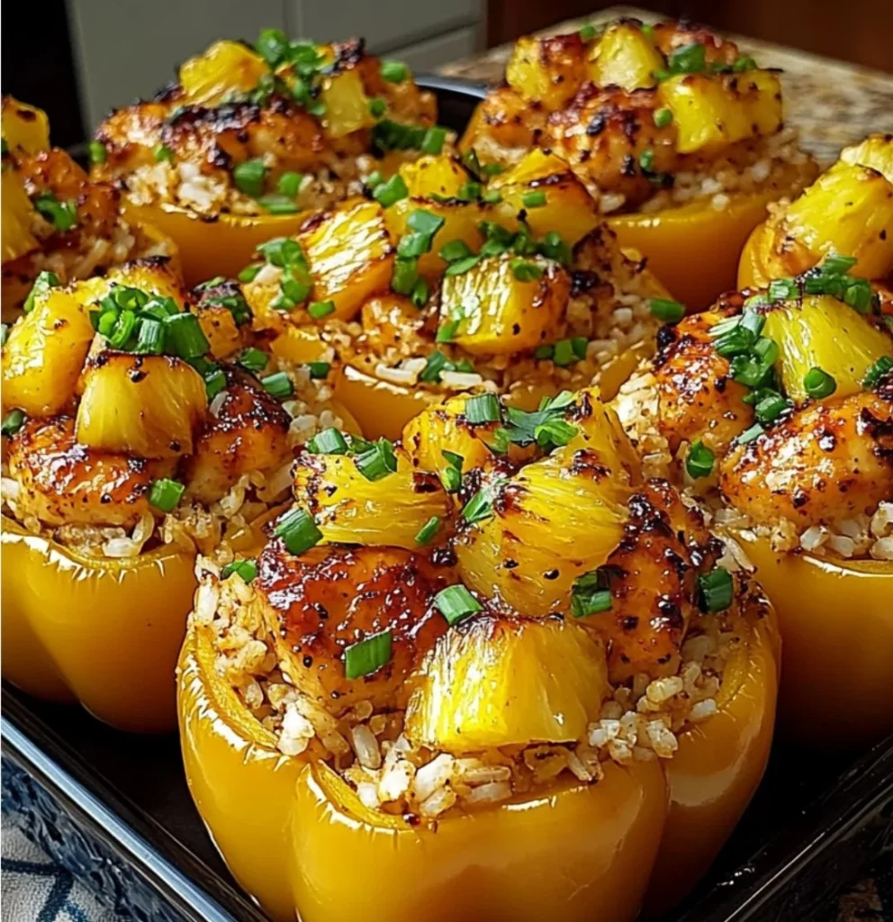 Teriyaki chicken and pineapple stuffed peppers garnished with fresh herbs.