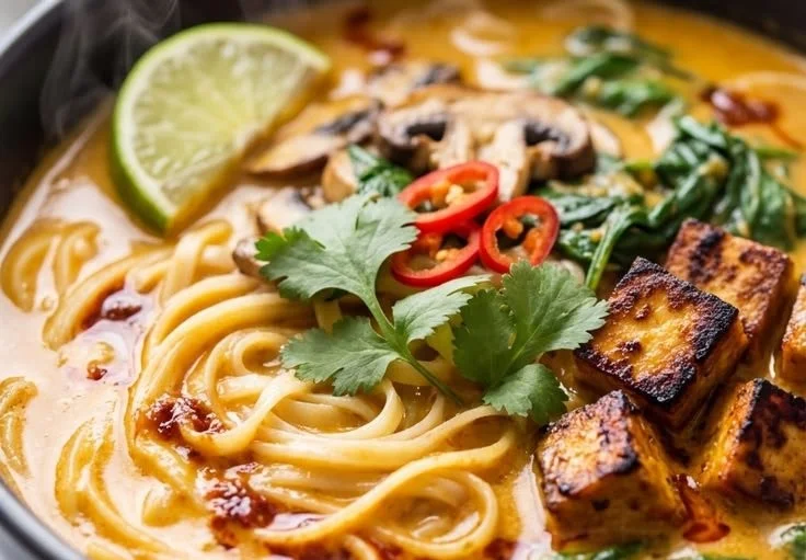 Delicious one pot Thai coconut curry noodles with vibrant colors and spices