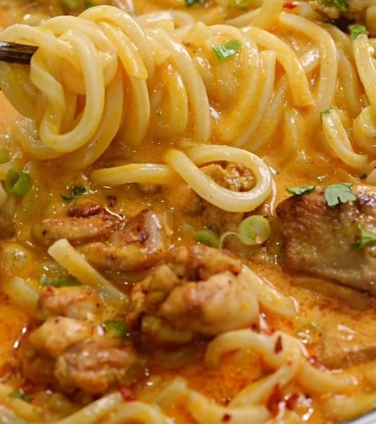 Thai-inspired Coconut Red Curry Chicken Udon bowl garnished with herbs