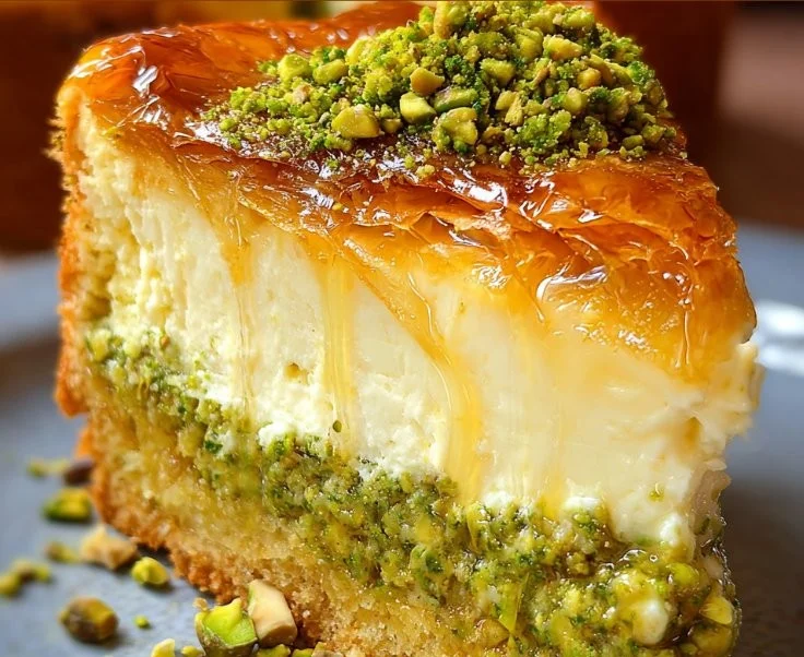 Slice of Baklava Pistachio Cheesecake topped with pistachios and honey syrup.