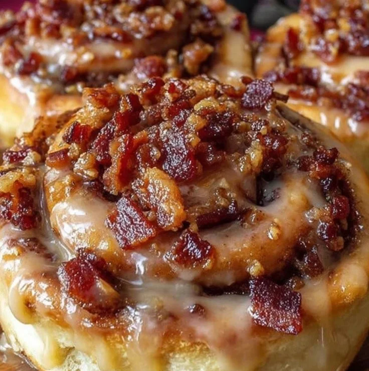 Delicious bourbon maple bacon cinnamon rolls topped with icing