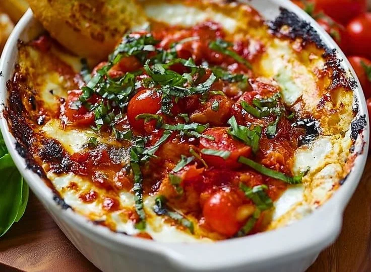 Three-Cheese Tomato Bruschetta Dip served in a bowl with chips.