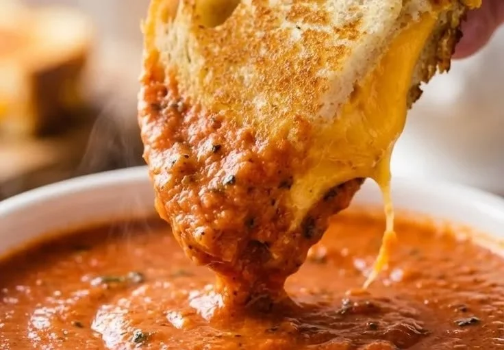 Bowl of Tomato Basil Soup with Roasted Tomatoes garnished with fresh basil