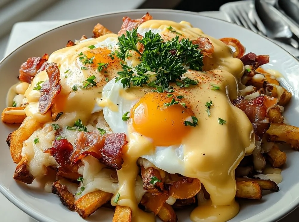 Ultimate Breakfast Poutine topped with creamy hollandaise sauce