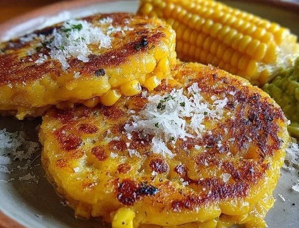 Venezuelan sweet corn cachapas topped with melty cheese on a plate