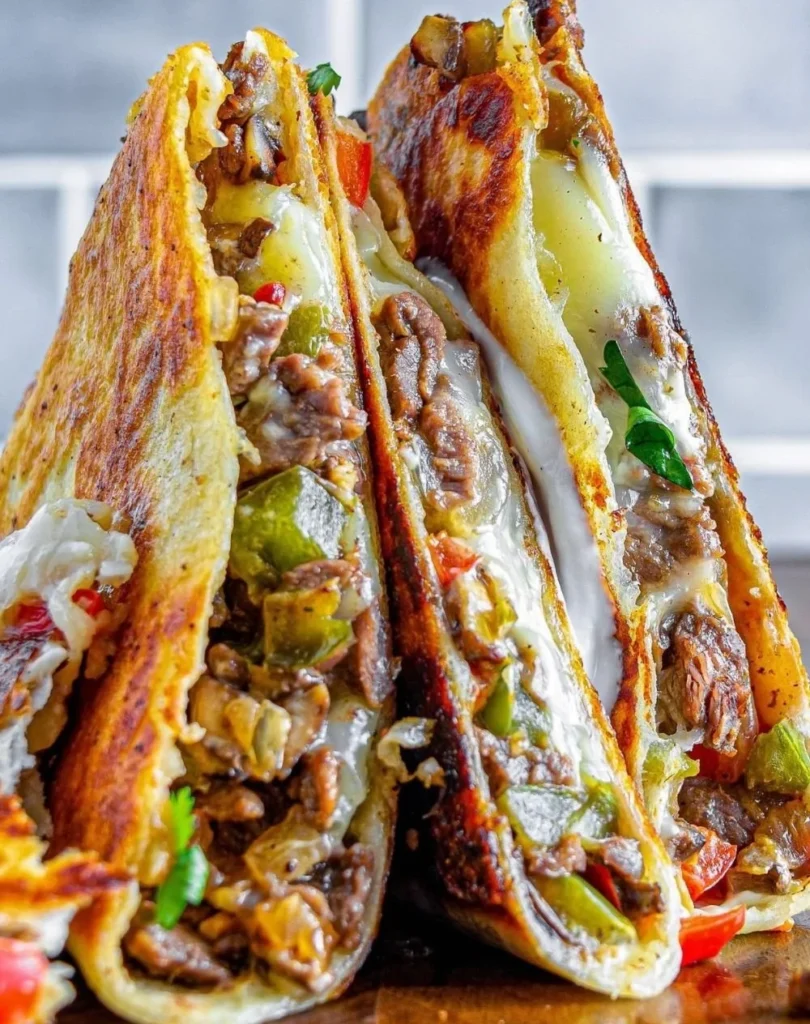 Delicious Philly Cheesesteak Quesadillas served on a plate with toppings