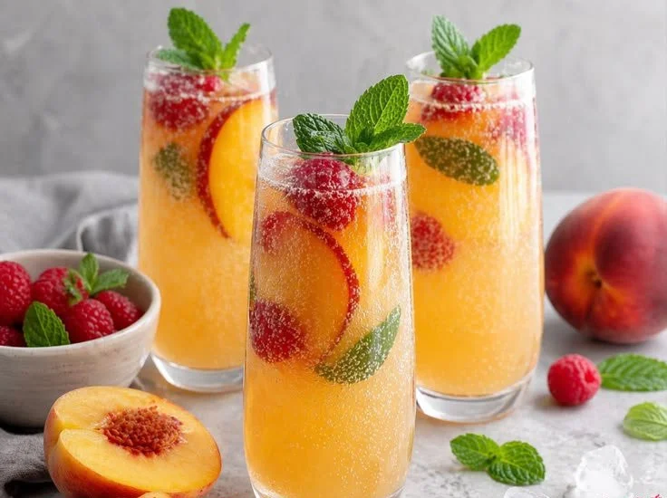 Alcohol-Free Peach Bellini Mocktail in a glass with a peach slice garnish