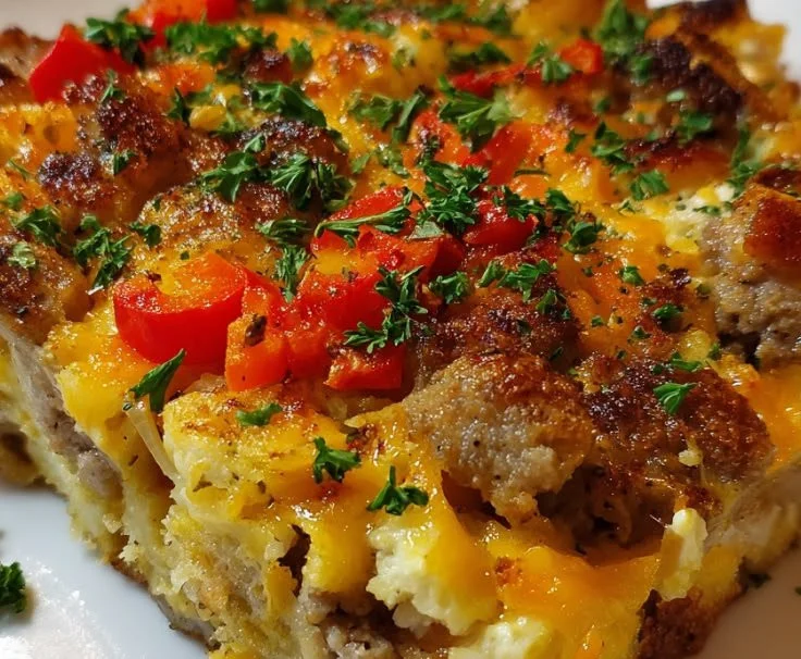 Amish breakfast casserole hash topped with cheese and herbs