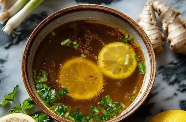 Bowl of anti-inflammatory miso ginger broth with lemon and fresh herbs