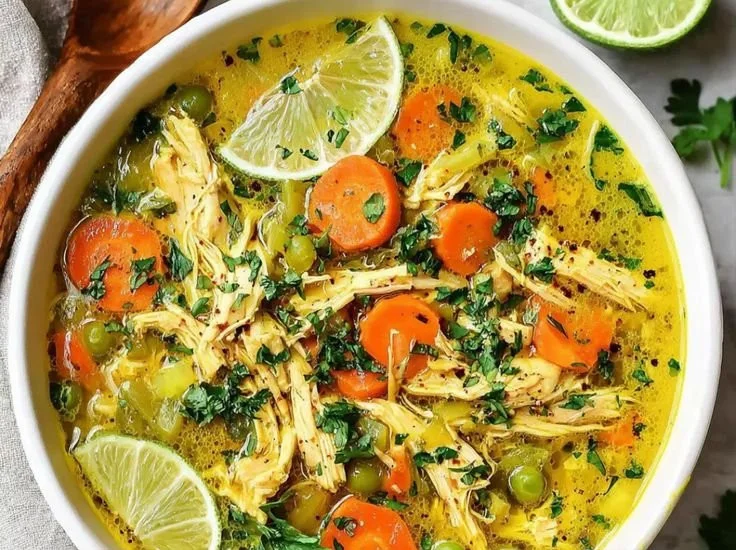 Bowl of anti-inflammatory turmeric chicken soup with fresh herbs and spices