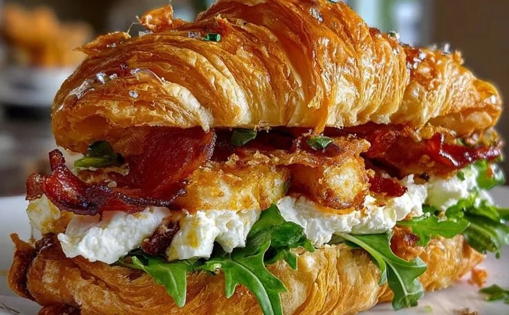 Apple and goat cheese croissant sandwich on a wooden board