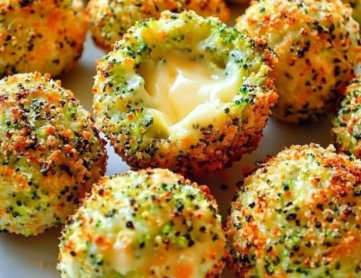Baked broccoli cheese balls fresh out of the oven, golden and crispy.