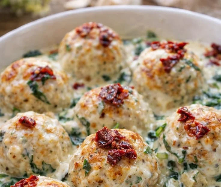 Baked chicken ricotta meatballs served with spinach Alfredo sauce