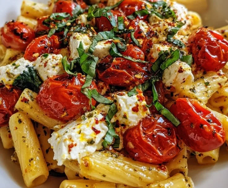 Delicious baked feta pasta topped with fresh herbs and tomatoes