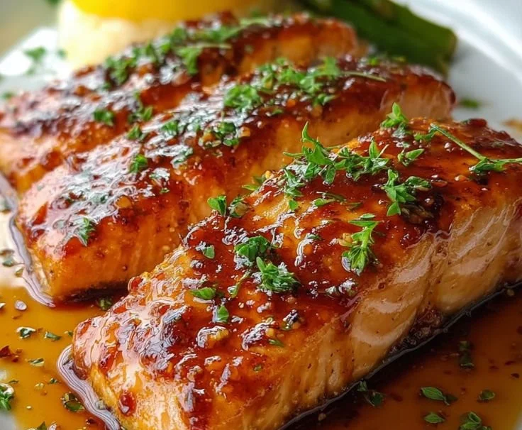 Baked salmon with maple glaze served on a plate with herbs and lemon