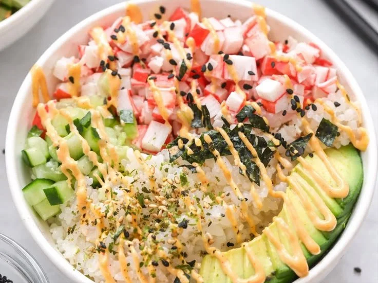 Delicious California Roll sushi bowl with fresh ingredients and a vibrant presentation.