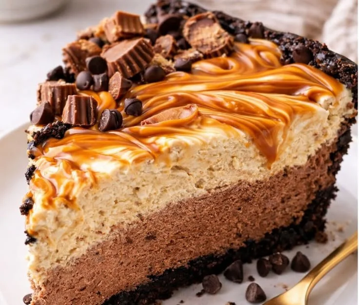 Decadent chocolate peanut butter pie served on a dessert plate.