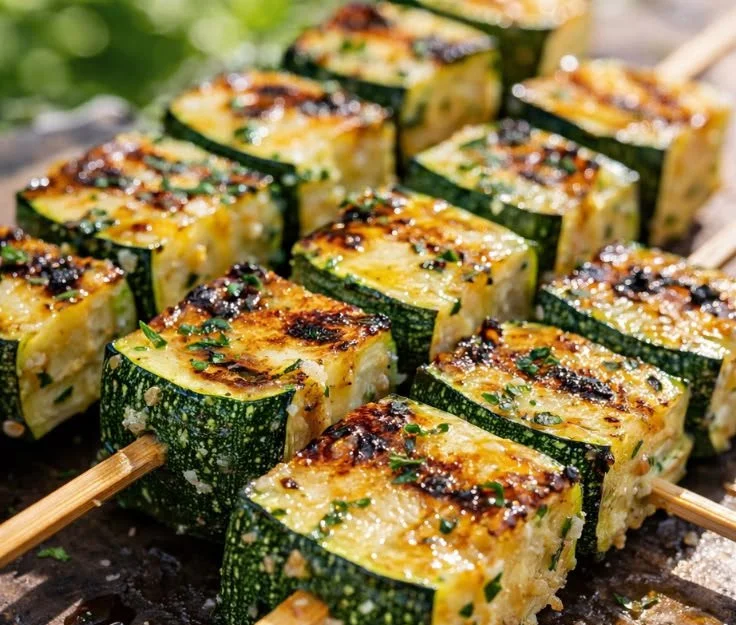 Delicious garlic butter zucchini skewers ready for grilling