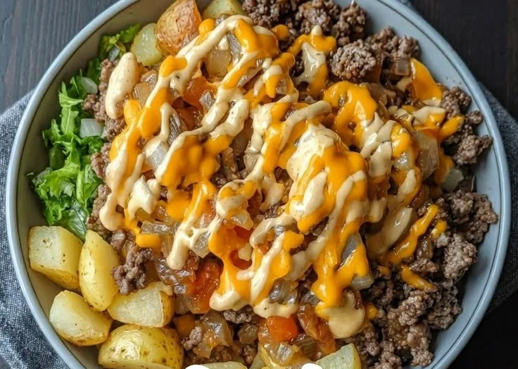 Delicious Smash Burger Bowl topped with fresh ingredients and sauces
