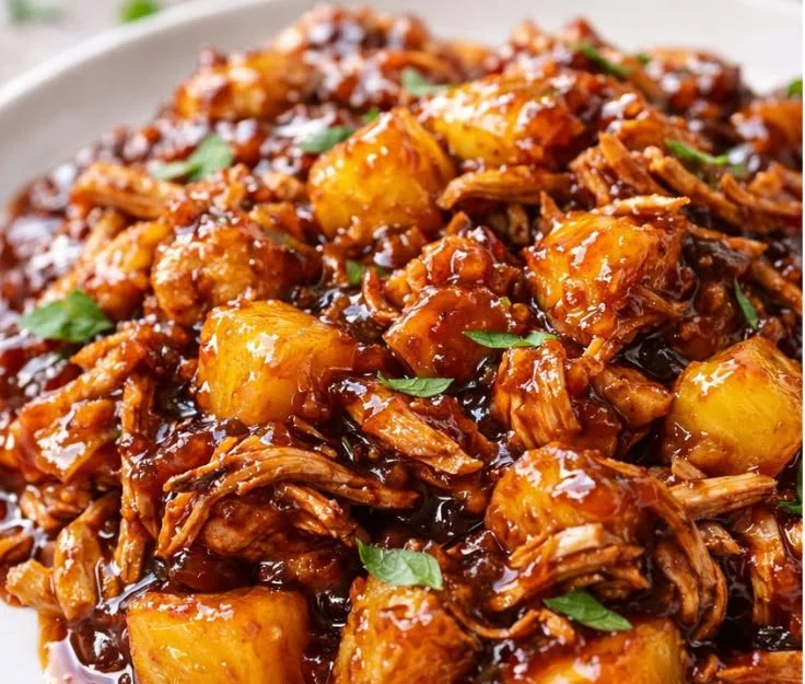 Delicious Sweet Hawaiian Crockpot Chicken served in a bowl with pineapple slices