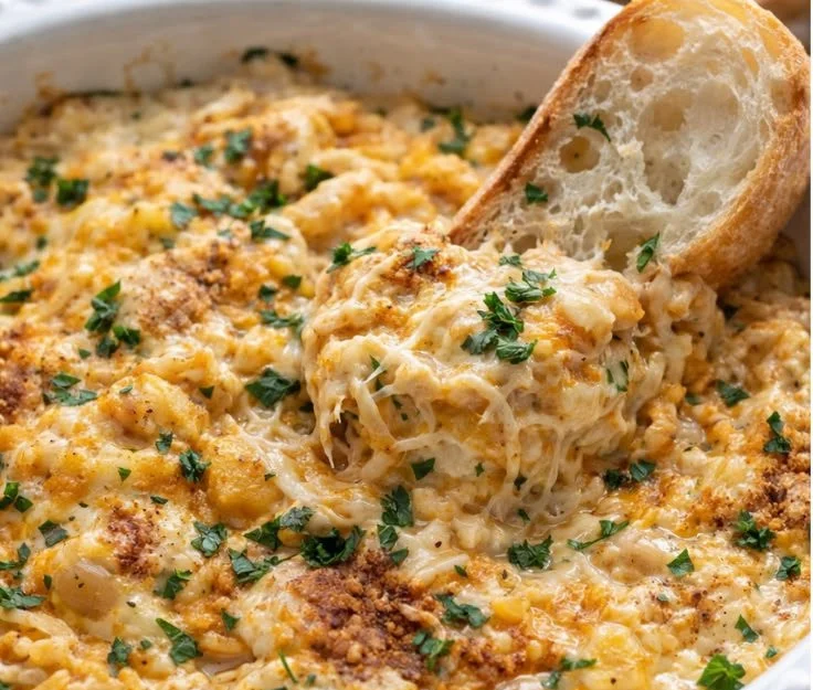 Delicious Maryland Crab Dip served with crackers and garnished with herbs