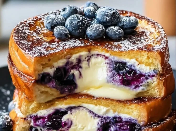 Delicious blueberry cheesecake stuffed French toast served on a plate