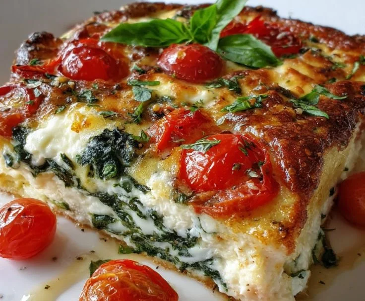Delicious Brunch Bake with Spinach and Ricotta served on a white plate