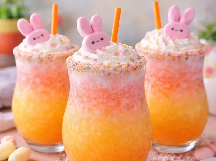 Bunny-themed Easter Mimosa in a decorative glass with spring flowers.