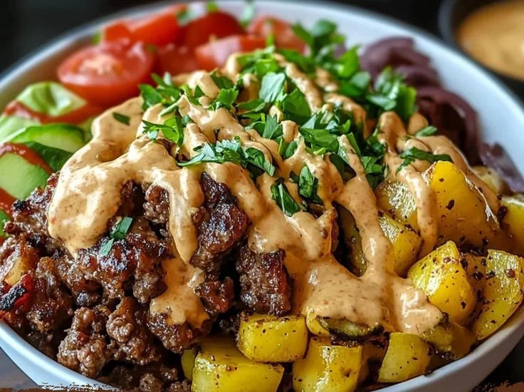 Colorful and appetizing burger bowls with fresh toppings and ingredients