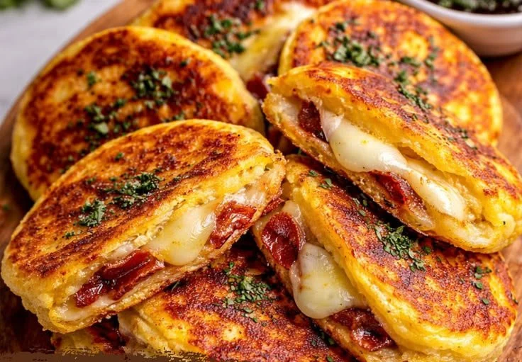 Delicious cachapas, Venezuelan sweet corn pancakes served with cheese.