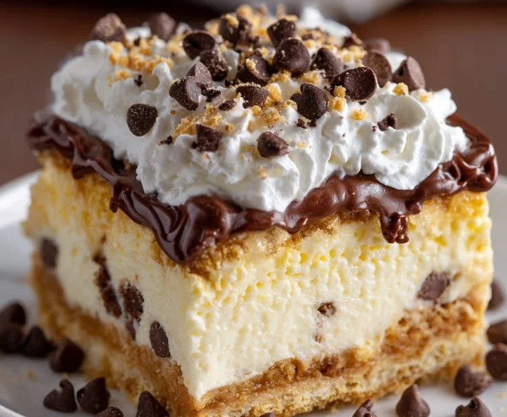 Delicious cannoli cheesecake bars topped with whipped cream and chocolate chips