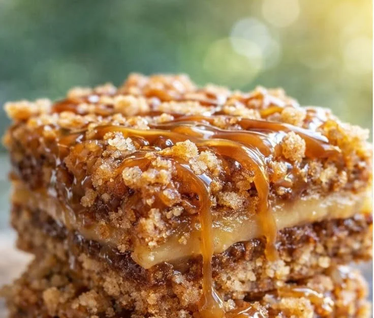 Delicious caramel crush bars topped with caramel drizzle and chocolate chips