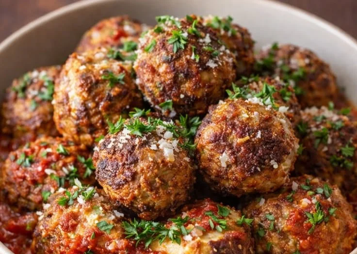 Delicious carnivore ricotta meatballs served on a plate with marinara sauce.