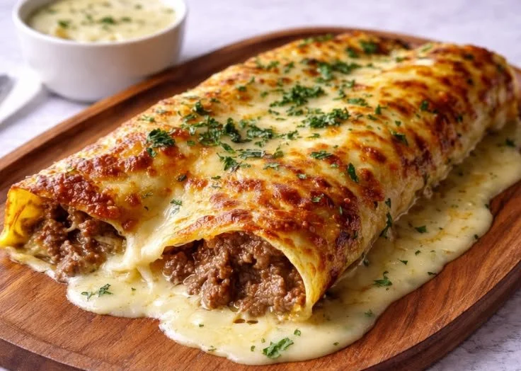 Cheesy beef enchiladas with creamy white sauce served on a plate