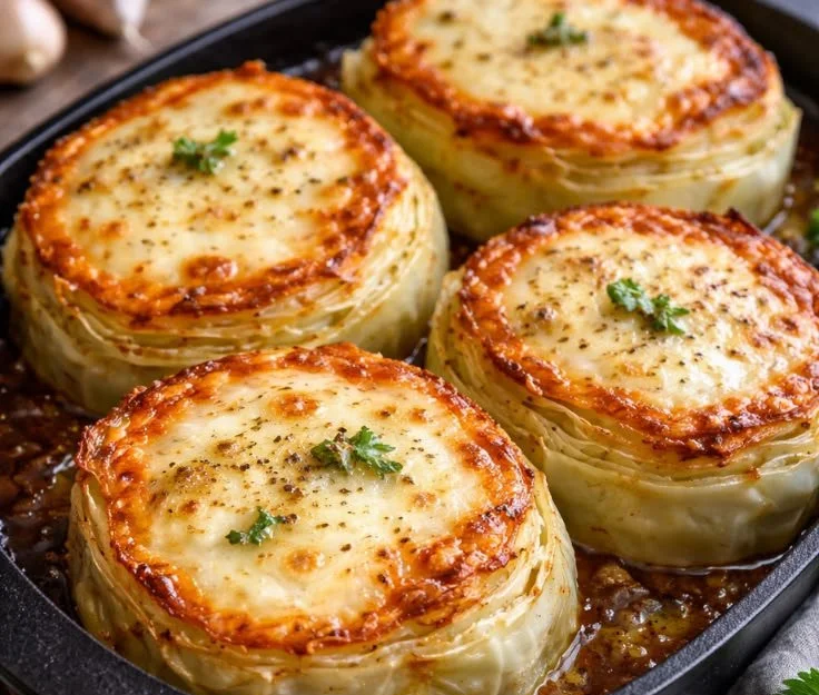 Cheesy roasted cabbage steaks on a plate, garnished and ready to serve.