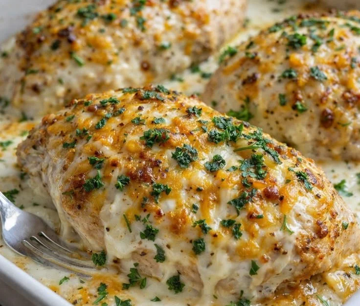 Delicious Cheesy Sour Cream Chicken Bake with creamy sauce and melted cheese