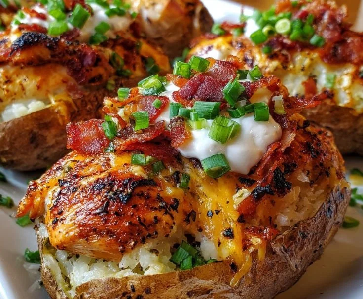 Delicious Chicken Bacon Ranch Baked Potatoes topped with cheese and crispy bacon.